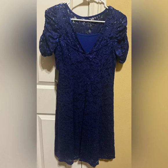 Marina Women’s Blue Sequin Lace Cocktail Dress Short Sleeve Sz S - Picture 7 of 13